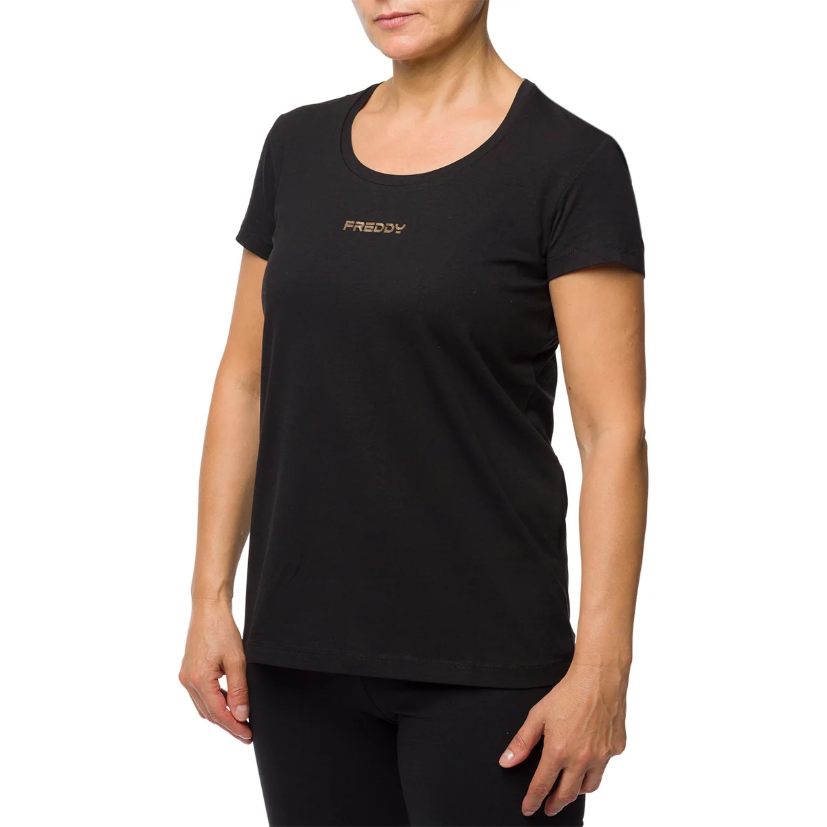 T-shirt stretch nera da donna con logo metallizzato Freddy
