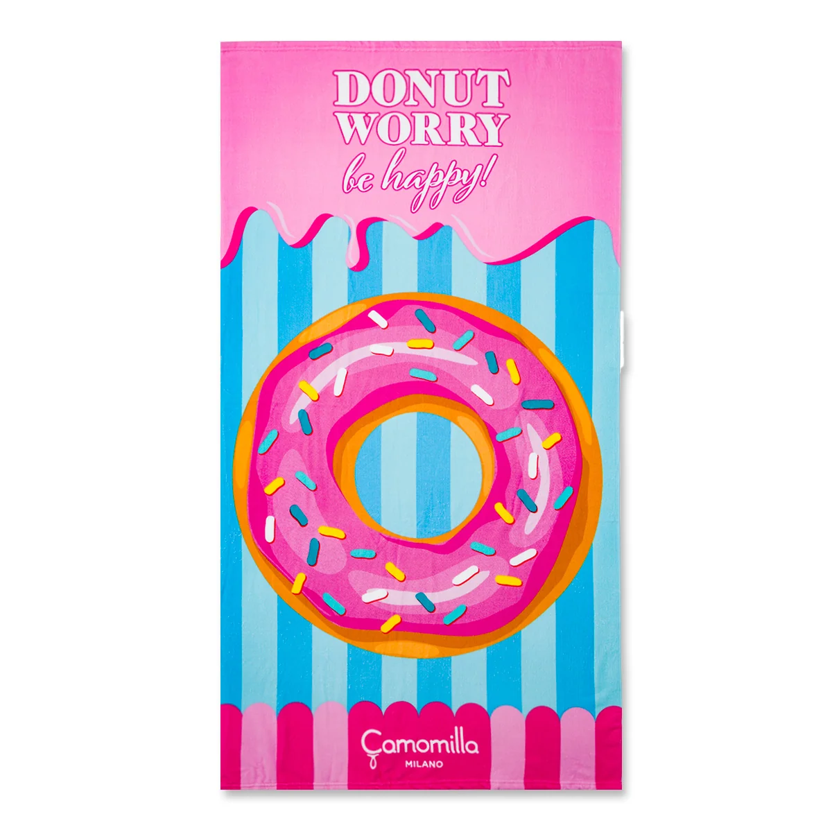 Telo mare in spugna azzurro e rosa con stampa Camomilla Milano Donuts