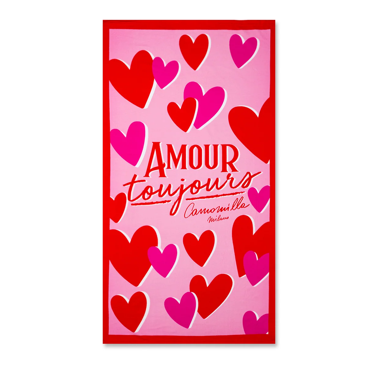 Telo mare in spugna rosa e rosso con stampa cuori Camomilla Milano Amour