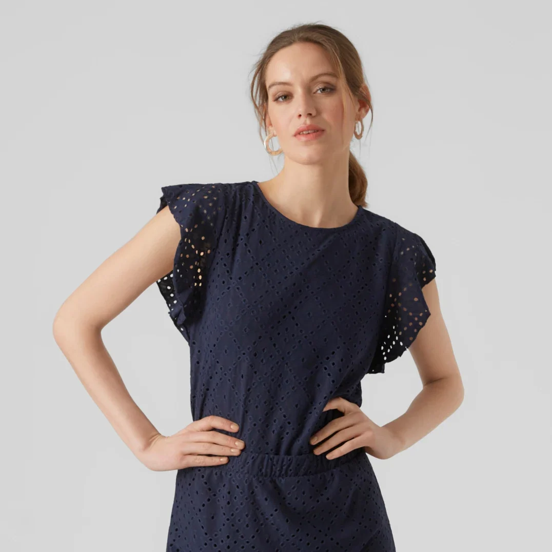 Top blu da donna con ricami all'uncinetto Vero Moda