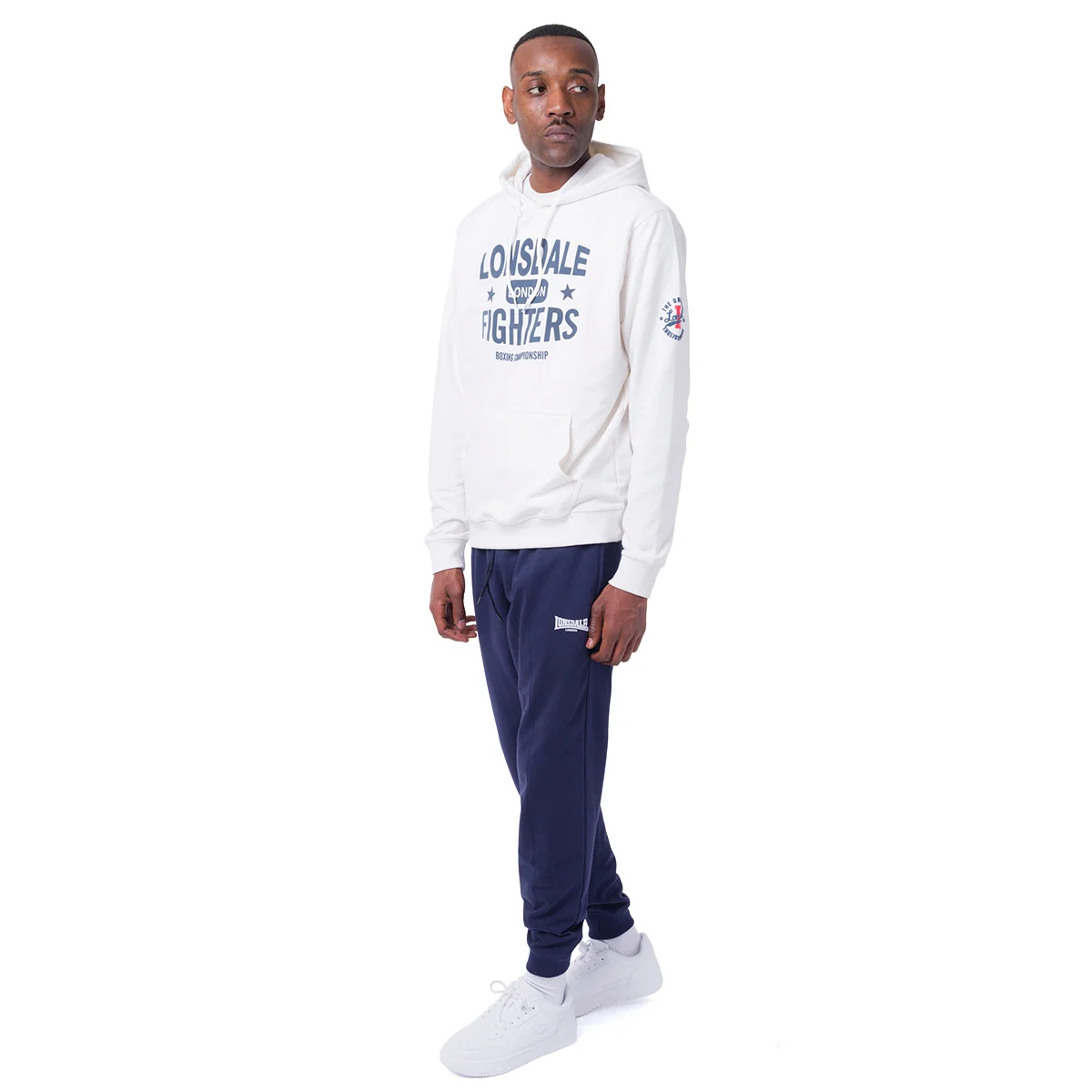 Tuta da Uomo con Felpa Bianca con Cappuccio e Pantaloni Jogger Blu Lonsdale