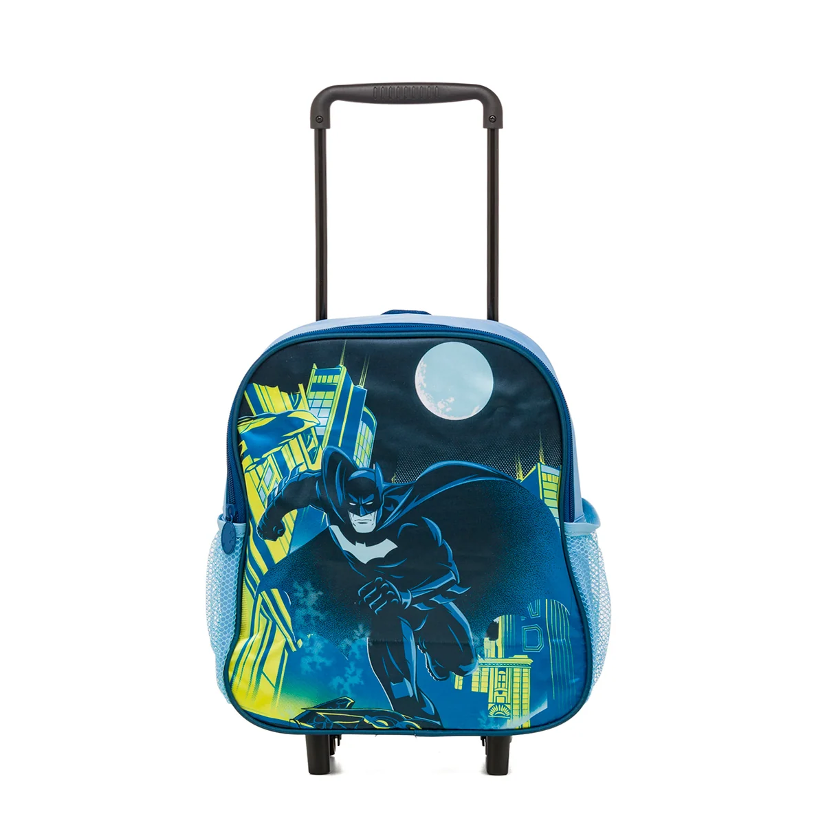 Zaino trolley da scuola nero blu e giallo con stampa Batman